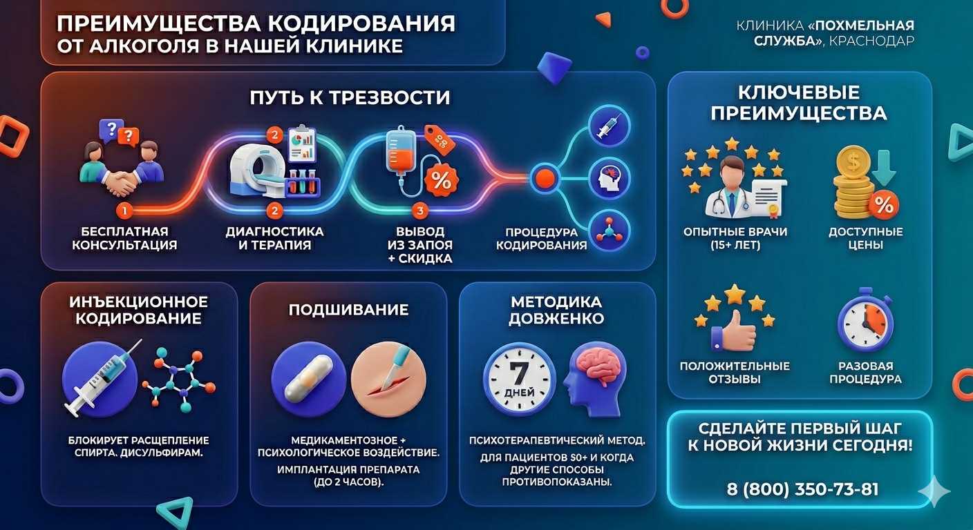 Инфографика о методах кодирования от алкоголя в Юбилейном: инъекции, подшивание, метод Довженко. Преимущества клиники и этапы лечения.