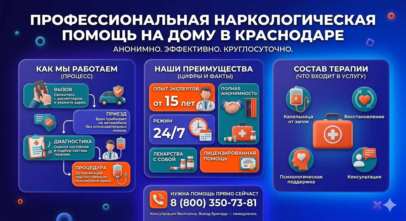Инфографика о принципах лечения алкоголизма на дому в Юбилейном: этапы вызова нарколога, преимущества анонимной детоксикации и состав медицинской помощи.